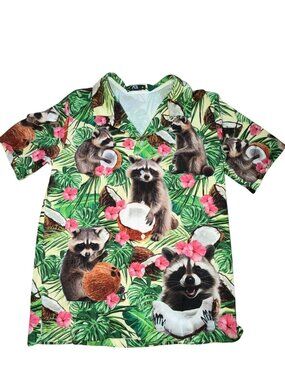 ACE Mens Short Sleeve  Button Front Tropical Raccoon Shirt-M-GUC